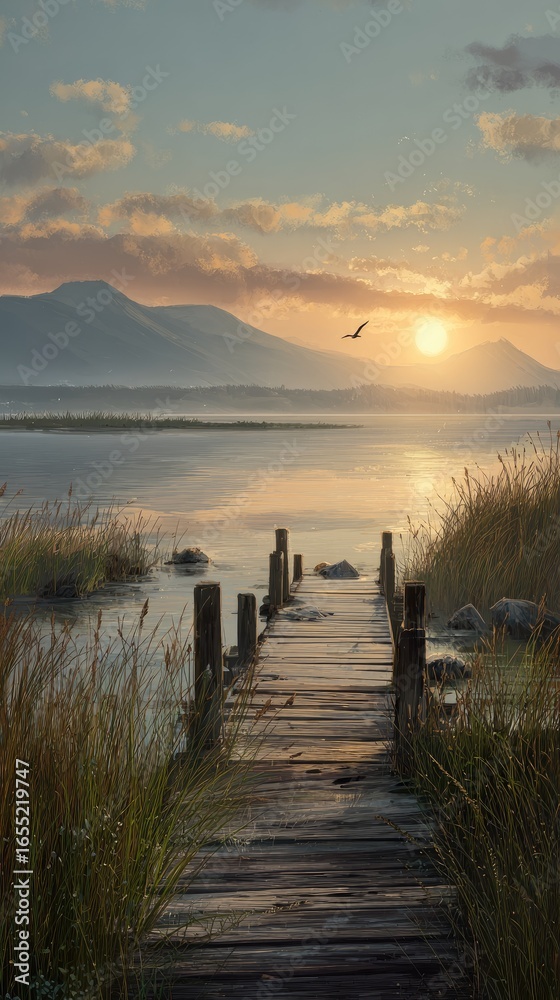Fototapeta premium Misty sunrise over a tranquil lake, wooden pier