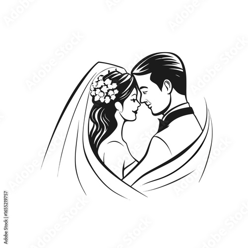 Elegant Wedding Day Embrace A Stylish Bride and Groom Portrait Black and White Serene Romance and Eternal Love