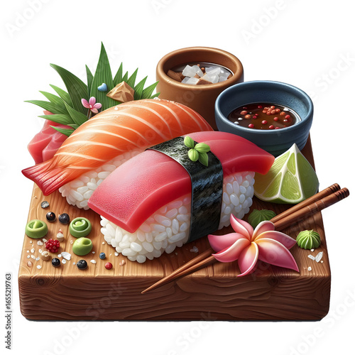 realistic Sushi with Tuna nigiri isolated on white background