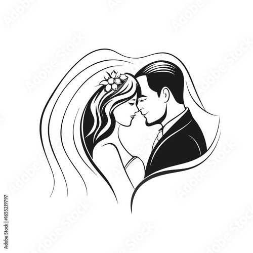 Elegant Wedding Day Embrace A Stylish Bride and Groom Portrait Black and White Serene Romance and Eternal Love