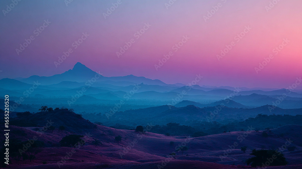 Naklejka premium Landscape view of blue and pink mountains at sunrise, soft morning light illuminating peaks, serene natural scenery ideal for travel, inspiration, and scenic visual projects.