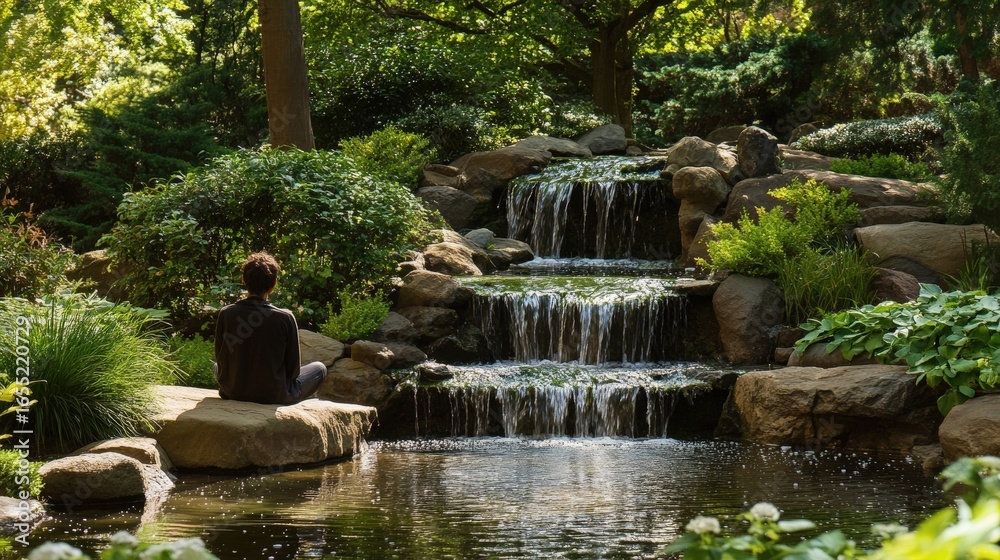 Naklejka premium Person meditating by a tranquil waterfall garden.