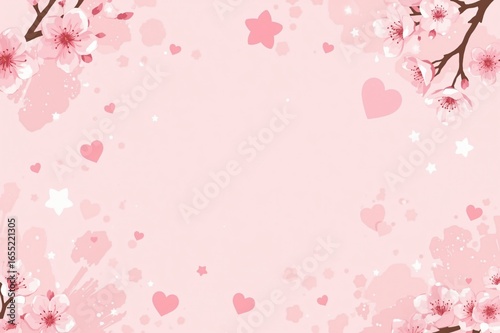 Pastel pink background with cherry blossoms, hearts, and stars