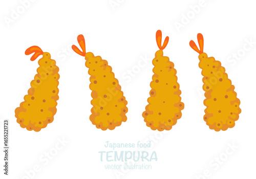 Cute vector illustration of Japanese tempura shrimp with golden, crispy fried batter, isolated on a white background, suitable for Asian food design, restaurant menus, packaging, and food decoration.