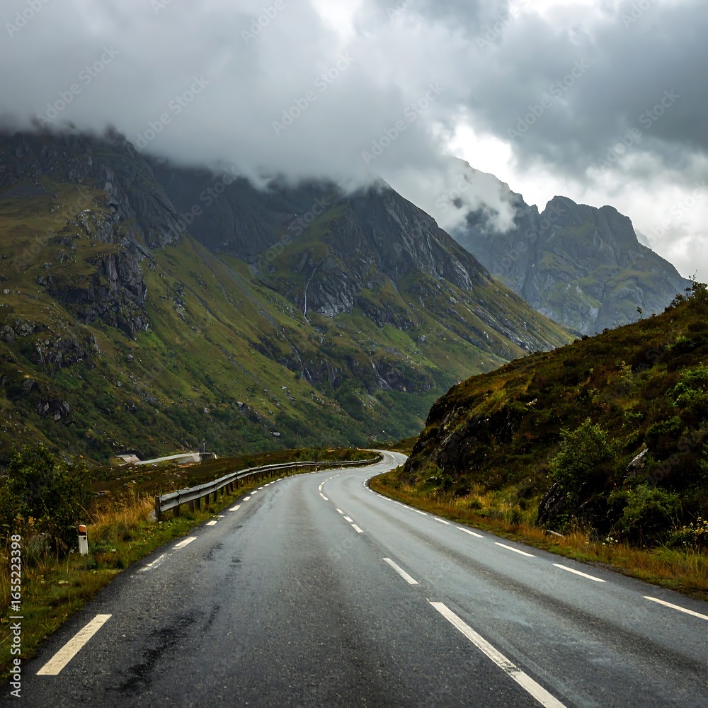 Naklejka premium Winding mountain road in a misty landscape