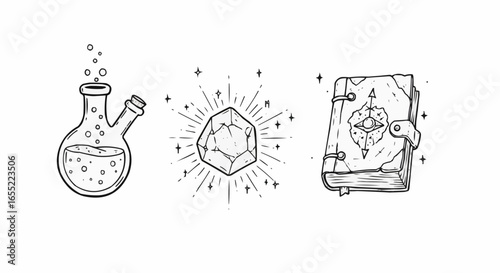 Magical potion bottle, crystal, and spellbook illustration  