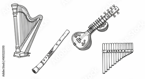 Musical instruments illustration featuring harp, flute, and lute  