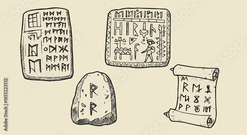 Ancient stone inscriptions and scrolls with symbols and runes  