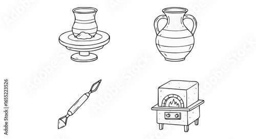 Pottery tools and ceramics including a wheel, jars, and kiln  