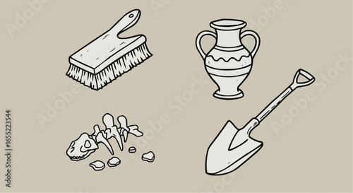 Archaeological tools including brush, shovel, vase, and relics  