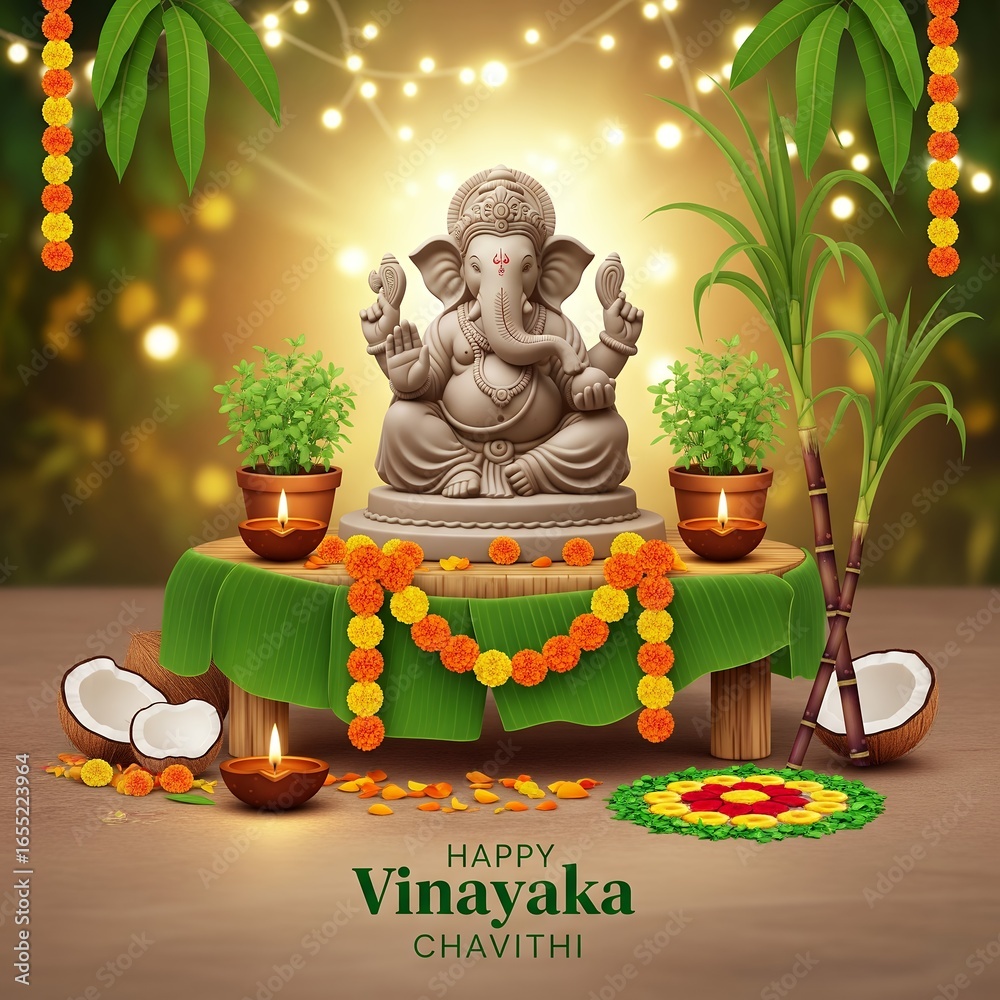 Happy Ganesh Chaturthi 2025 themed poster with Lord Ganesha idol and festival elements Happy Ganesh Chaturthi 2025 themed poster with Lord Ganesha idol and festival elements