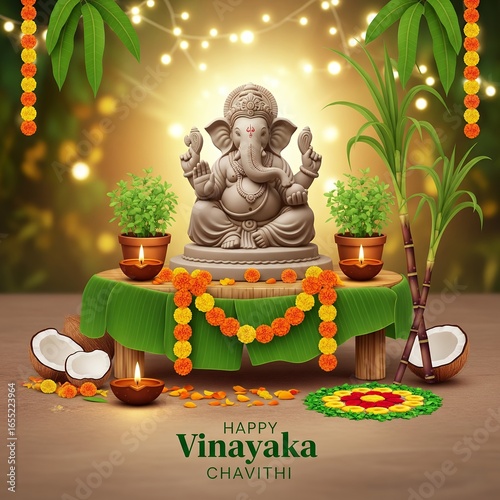Happy Ganesh Chaturthi 2025 themed poster with Lord Ganesha idol and festival elements