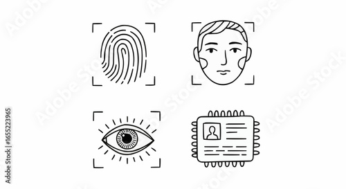 Biometric identification icons including fingerprint, face, eye, ID  
