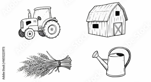 Farm elements including tractor, barn, wheat bundle, and watering can  