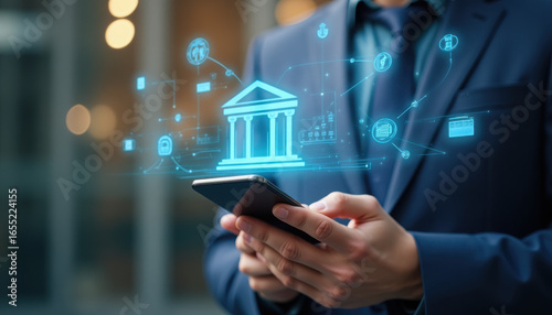 Businessman using smartphone with digital banking icons in modern office setting, conveying innovation and financial technology advancements.