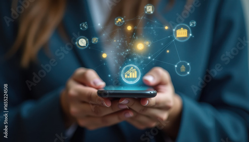 Wallpaper Mural Businesswoman Engaging with Digital Data on Smartphone in Modern Office Setting Torontodigital.ca