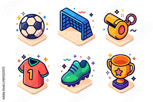 Colorful cartoon soccer set: ball, goal, whistle, jersey, shoe, trophy