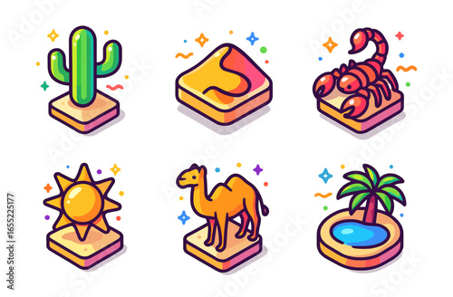 Colorful desert icons featuring camel, cactus, scorpion, sun, sand dune, and oasis