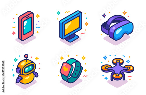 Isometric gadgets: smartphone, monitor, vr headset, robot, smartwatch, drone