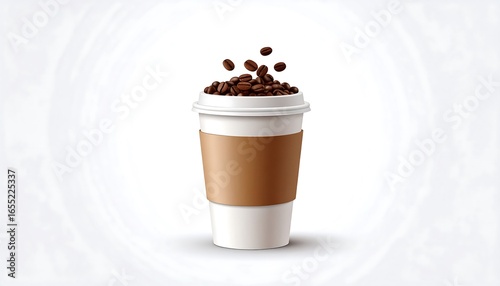 A takeaway coffee cup, filled with coffee beans, is presented against a soft, textured background.