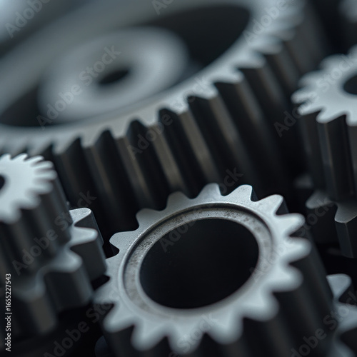 Close-up of interlocking metal gears showcasing industrial design and precision engineering in a mechanical setting.