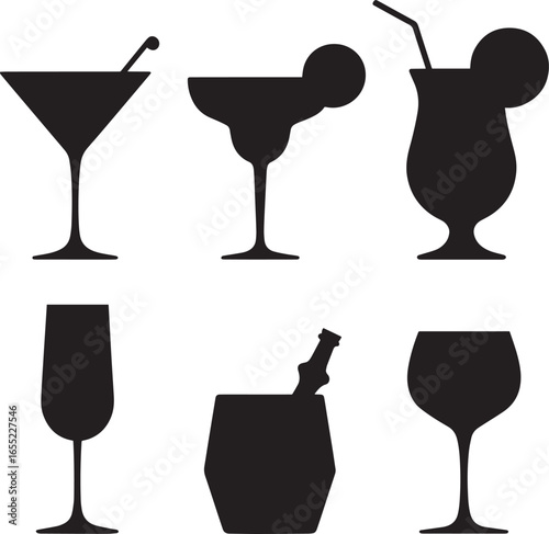 Assorted cocktail glasses and champagne bucket silhouettes drink martini