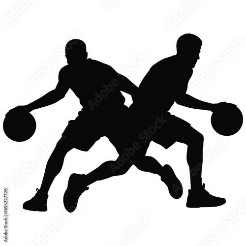 Two basketball players dribbling silhouette