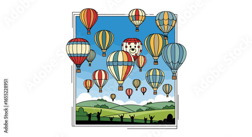Illustration of many colorful hot air balloons floating in the sky over a green landscape with people cheering on transparent background