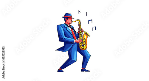 Illustration of a man in a blue suit and hat playing a golden saxophone with musical notes around him on transparent background