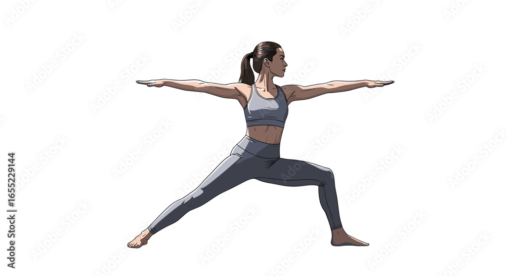 Obraz premium A woman in gray athletic wear performing warrior two yoga pose with arms extended on a white background on transparent background