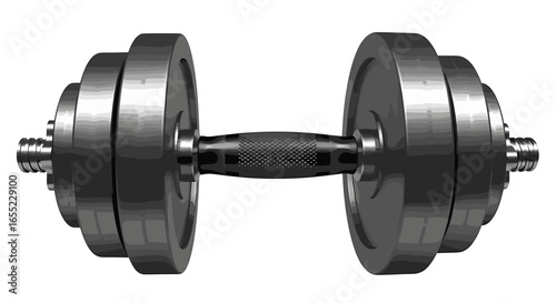 Illustration of a metal dumbbell with multiple weight plates on each side and a textured grip in the middle on transparent background