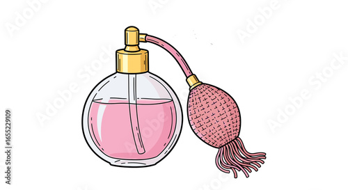 Illustration of a round glass perfume bottle with pink liquid and a pink atomizer bulb and tassel design on transparent background