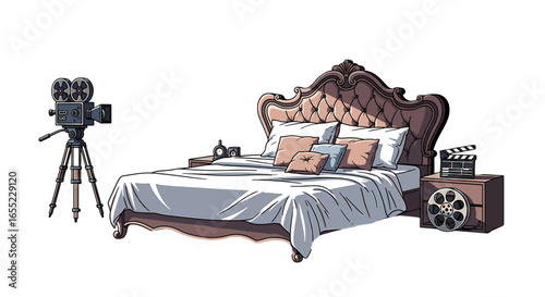 A bedroom scene with a vintage camera, a bed with pillows, and a movie clapperboard on a nightstand near film on transparent background