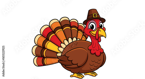 Cartoon turkey wearing a pilgrim hat with colorful feathers for thanksgiving celebration illustration on transparent background