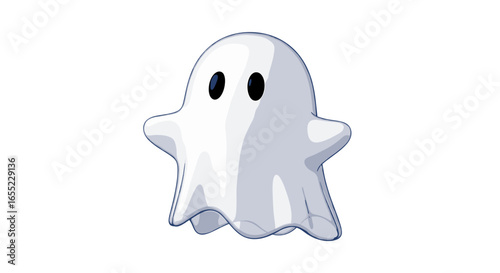 Illustration of a cartoonish white ghost with rounded edges and black eyes on a white background scene on transparent background