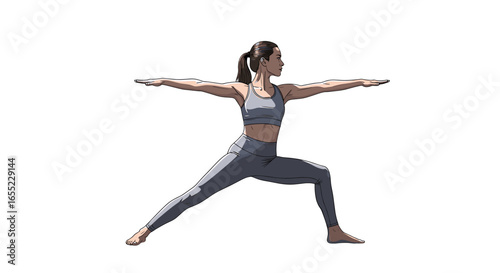 A woman in gray athletic wear performing warrior two yoga pose with arms extended on a white background on transparent background