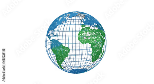 Illustration of a wireframe globe showing continents in green and oceans in blue on a white background on transparent background