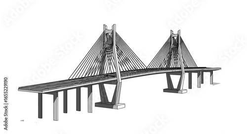 Perspective view of a cable stayed bridge with two towers and multiple supporting pillars in monochrome style on transparent background