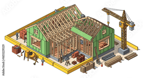 Isometric view of a house under construction with wooden frame bricks and a crane on a yellow base area on transparent background