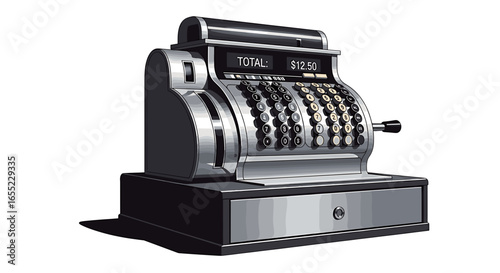 Illustration of a vintage cash register with buttons and a display showing a total amount of twelve fifty on transparent background