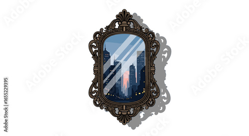 Ornate mirror reflecting a cityscape with skyscrapers at dusk and a decorative shadow behind it on transparent background