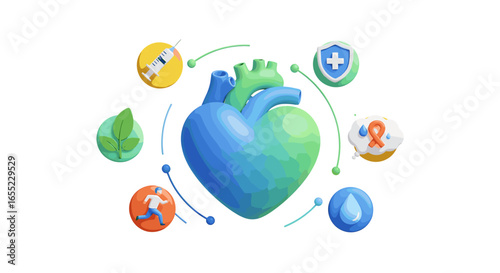 Stylized heart surrounded by health and wellness icons representing a holistic approach to health care on transparent background