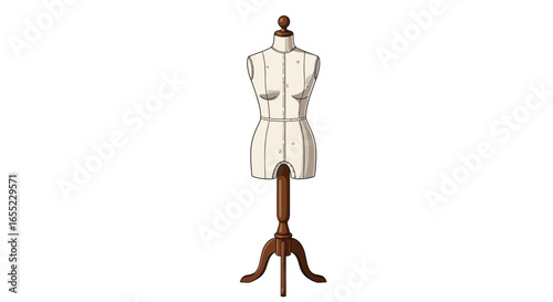 Illustration of a vintage dress form mannequin with a wooden base and neutral fabric covering showing seams on transparent background