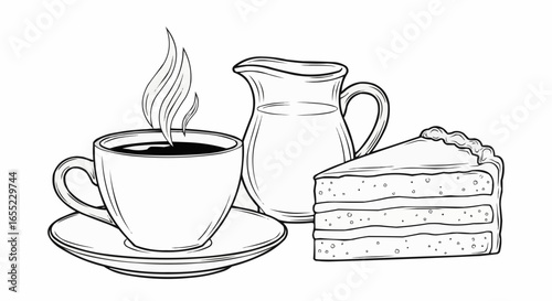 Hot Coffee, Milk and Cake Slice Outline Drawing