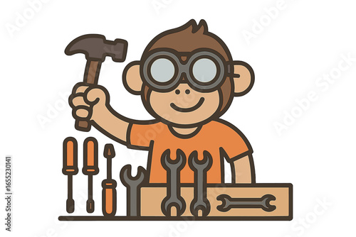 A humorous cartoon character of durian fruit is depicted doing carpentry work with wood and a hammer
