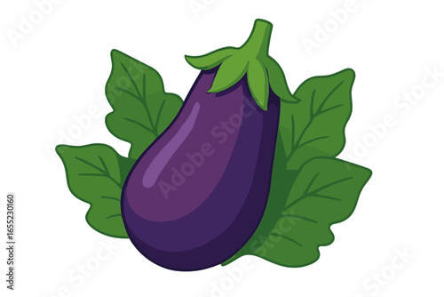 Graphic depiction of an organic eggplant featuring green leaves and purple skin