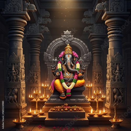 Intricately Carved Hindu Ganesha Statue Surrounded by Traditional Oil Lamps in Sacred Temple