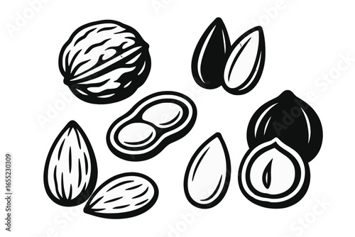 Icon set featuring minimalist black silhouettes of uncooked rice grains on a white background