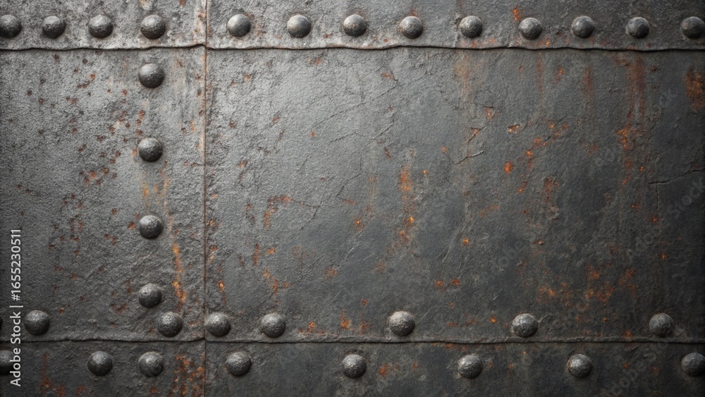 Fototapeta premium Dark metal plate with rivets texture background with a vintage and industrial feel, perfect for adding a touch of ruggedness to any design project