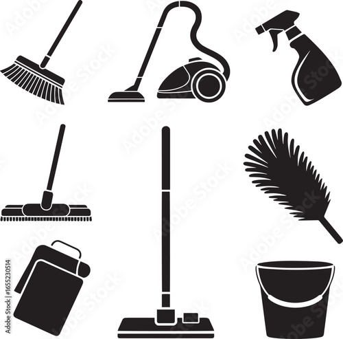 Black cleaning equipment silhouettes broom vacuum